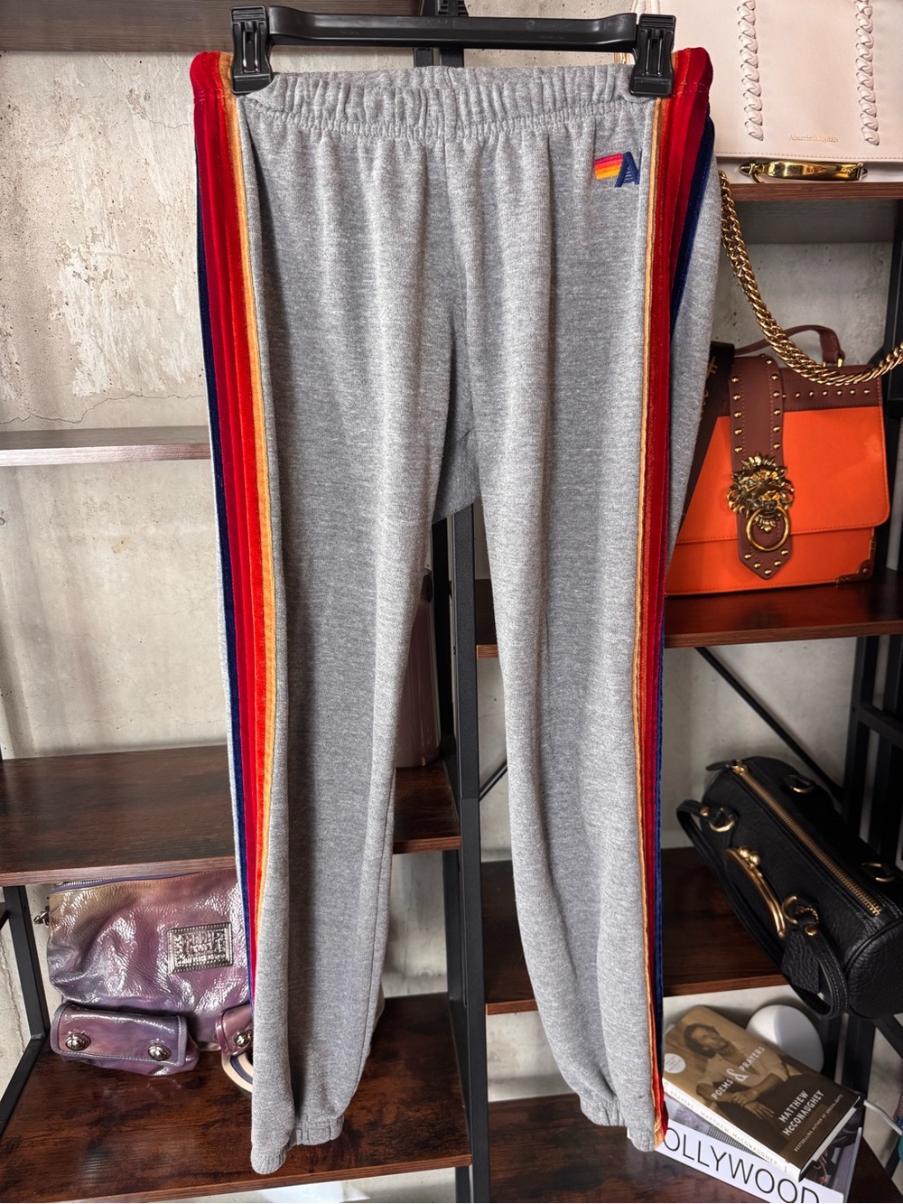 Aviator Nation Gray Sweatpants with Velvet Rainbow Side Stripes - Size Small EUC